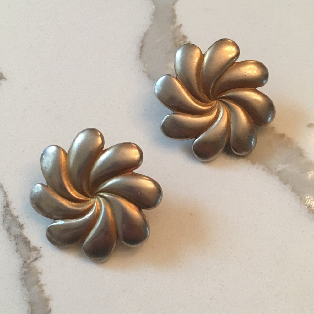 VTG Gold silver Tone XL Swirl Flower Earrings